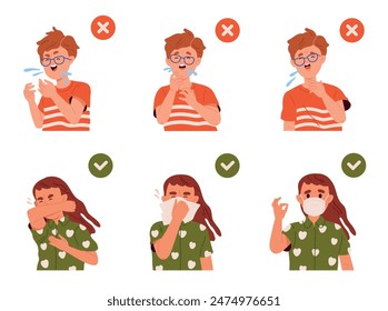 Cómo estornudar correctamente. Reglas de higiene durante la tos. Los niños estornudan correctamente y mal. Infografías médicas para la prevención de infecciones. Ilustración vectorial plana de dibujos animados aislada en el fondo