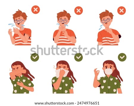 How to Sneeze Properly. Hygiene rules during coughing. Childrens sneeze correctly and wrong. Medical infographics for infection prevention. Cartoon flat vector illustration isolated on background