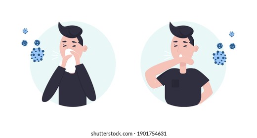 How to sneeze right Infographic. Male character sneezes and uses napkin. Man sneezes and covers his face. Virus prevention spread. Cartoon vector illustration.