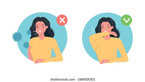 How To Sneeze Right And Wrong Infographic. Woman Character Sneezing In Elbow. Virus Spread Prevention. Flat Vector Illustration.