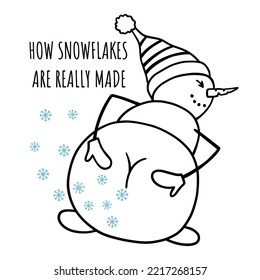 How snowflakes are really made. Funny Snowman with snowflakes.  Isolated object on white background. Christmas, Happy New Year design for invitation, poster, card, postcard