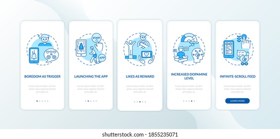 How social media addiction works onboarding mobile app page screen with concepts. Launching app, likes walkthrough 5 steps graphic instructions. UI vector template with RGB color illustrations