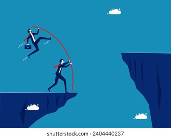 How to solve team problems. team of businessmen pole vault across a cliff gap
