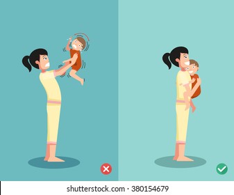 How to soothe a crying baby,wrong and right ,vector illustration