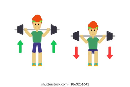 Cómo agacharse con bárbaro, ejercicios de entrenamiento de peso para fortalecer los músculos de las piernas, diseño plano de ilustración vectorial.