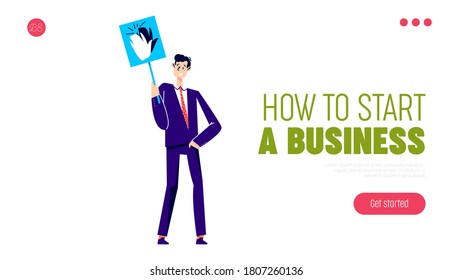 How to start business landing page template with businessman holding high five sign. Business success, achievement and support concept. Cartoon vector illustration