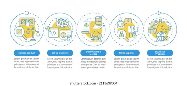 Cómo empezar a exportar la plantilla infográfica de círculo azul de negocios. Visualización de datos con 5 pasos. Gráfico de información de la línea de tiempo del proceso. Diseño de flujo de trabajo con iconos de línea. Multitud de tipos de letra Pro-Bold, con uso regular