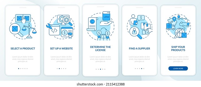 How to start export business blue onboarding mobile app screen. Walkthrough 5 steps graphic instructions pages with linear concepts. UI, UX, GUI template. Myriad Pro-Bold, Regular fonts used