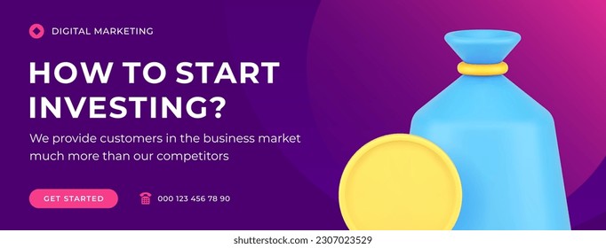 How to start investing financial business marketing strategy development social media banner template 3d icon vector illustration. Banking management money profit earnings savings optimization service