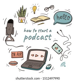 Cómo iniciar un podcast. Dibujo conceptual de la guía Doodle para los medios sociales. Vector de existencias