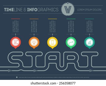 How to start your own business, Infographic timeline. Time line of tendencies and trends. Vector web template with icons and design elements on dark background.