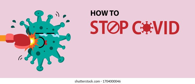 How to Stop CoVID-19 elements banner, People fight Coronavirus 2019 by boxer glove punch.