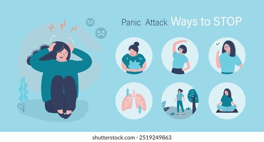 How to stop a panic attack - infographic poster with set of methods. Female character feeling fear and pain, panic attack. Ways to stop fit of uncontrollable fear. flat vector illustration