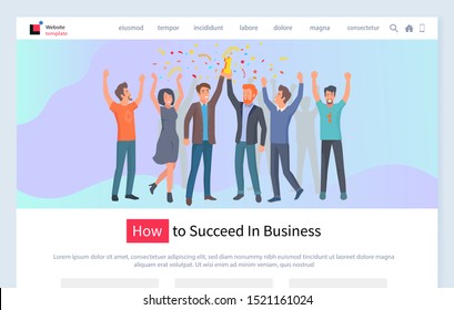 How to succeed in business vector, businessman and businesswoman with confetti celebrating success and luck. First place victory of team teamwork. Website or webpage template, landing page flat style