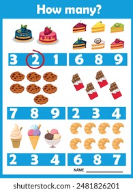 How many? Sweets. Printable worksheet. Educational game for children, kids preschool age. Mathematics task. Learning mathematics, numbers.Tasks for addition.Preschool Counting Activities.