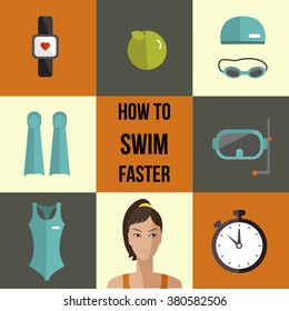 How To Swim Faster Banner. Flat Icon Of Swimming Pool. 
