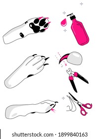 How to take care of dog`s feet instruction.Vector glamour banner in doodle style.Grooming salon or hygiene at home.Correct clipping of nails and fur,paw massage.Pet shop.Healthy canine.Pink and black