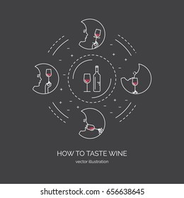 How to taste wine. Vector concept in trendy linear style.Icon set