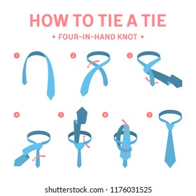 How to tie a four-in-hand knot tie instruction. Guide for making necktie. Isolated flat vector illustration