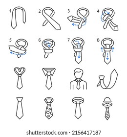 How to Tie a Tie, necktie icons set. Guide, training, instruction, successive stages icon. Line with editable stroke