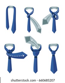 How to tie a tie on the turquoise background of the steps. Vector Illustration. Instructions