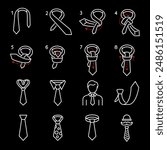 How to tie a tie, white line icons. Step-by-step guides for tying neckties. Essential for fashion and tutorial themes. Symbols on black background. Editable stroke.