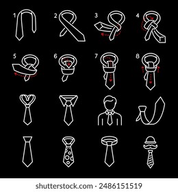 How to tie a tie, white line icons. Step-by-step guides for tying neckties. Essential for fashion and tutorial themes. Symbols on black background. Editable stroke.