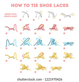 How to tie your shoe laces in different ways instruction. Guide for child step-by-step. Rope knot making. Isolated flat vector illustration