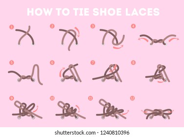 How to tie your shoe laces instruction. Guide for child step-by-step. Rope knot making. Isolated flat vector illustration