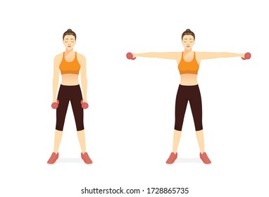 Cómo entrenar el ejercicio de Dumbbell en la pose lateral lateral de hombro de elevación lateral de las mujeres deportivas.  Ilustración sobre el fácil Fitness con equipos de entrenamiento ligero de gimnasio.