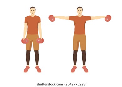 How to training Dumbbell Exercise in the Side Lateral Raise Shoulder pose by men trainer. Illustration about easy Fitness with lightweight workout equipment of gym.