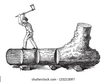 How a Tree is Made into Lumber - lumberjack cutting a tree trunk into rectangular sections, vintage engraved illustration. Le Magasin Pittoresque - 1874