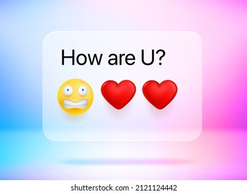 How are U message. Chat bubble with cute emojis and question. Vector 3d illustration