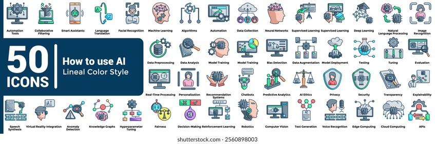 How to use AI 50 icon set in lineal color style