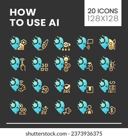 How to use AI big gradient glyph icons set with lineart for dark theme. Artificial intelligence in daily life. Isolated color vector illustrations for night mode. Solid linear pictograms pack