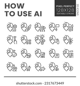How to use AI big pixel perfect linear icons set. Artificial intelligence in daily life. Automation technology. Customizable thin line symbols. Isolated vector outline illustrations. Editable stroke