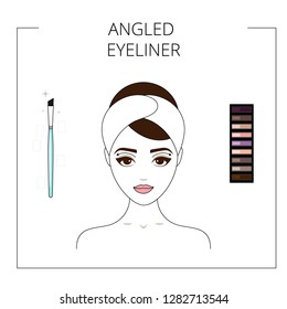 How to use angled eyeliner, brush, eyeshadow palette. Beautiful young girl. Line style vector illustration isolated on white background.