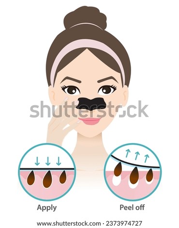 How to use blackhead pore strip vector illustration isolated on white background. Diagram of woman face with pore strip on nose, icon set of direction for use removal pore strip.