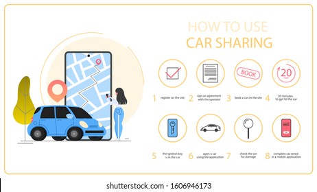 How to use carsharing instruction. Car sharing service concept. Idea of vehicle share and transportation. Mobile application for automobile renting. Isolated flat vector illustration