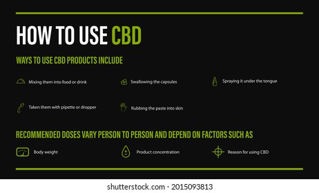 Cómo usar CBD, usos médicos para aceite de cbd de planta de cannabis, afiche negro con infografía de beneficios médicos