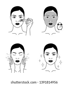 How to use a clay face mask. Cosmetics and care. Instructions. Dark version.