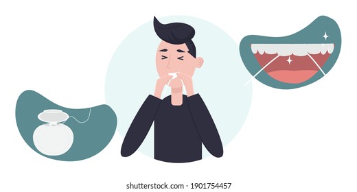 How to use dental floss infographic. Man brushes teeth with dental floss. How to brush teeth correctly. Oral hygiene and dental procedures concept. Cartoon vecor illustration