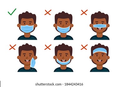 How to use a face mask correctly. Explanation with the boy. Vector cartoon illustration.
