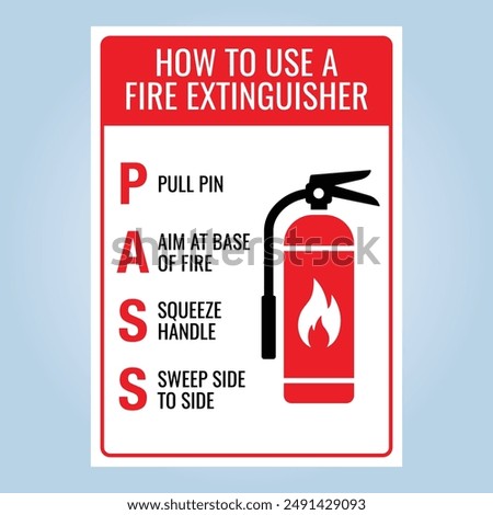 HOW TO USE A FIRE EXTINGUISHER poster. Pull Aim Squeeze Sweep. EPS 10 Vector Graphic Illustration Isolated on White Background.