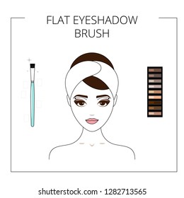 How to use flat eyeshadow brush,  eyeshadow palette. Beautiful young girl. Line style vector illustration isolated on white background.