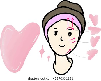 How to use gua sha quartz scraper. massage infographics. The girl's face with drawn massage lines, which  applied to the cream, and facial massage i'dont. skincare concept vector.