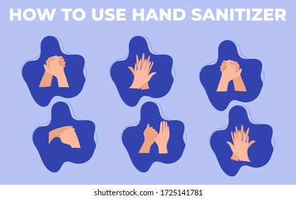 How to use hand sanitizer procedure to desinfect hands. Personal hygiene, infographic procedure to wash alcohol gel. Clean disease prevention covid-19.