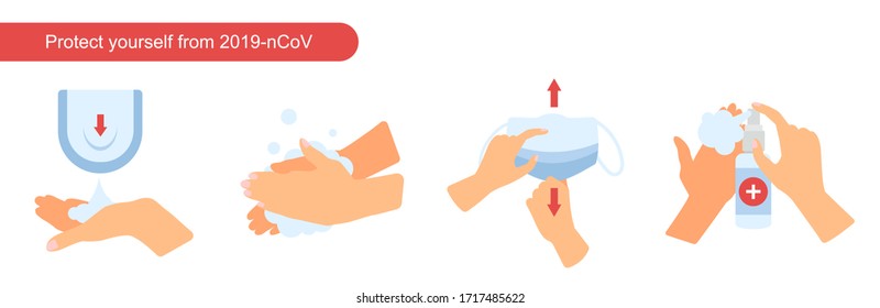 How to use hygienic product and wear medical mask tips. Coronavirus pandemic with surgical mask. Disinfection instructions against infectious diseases. Stop the infection vector illustration