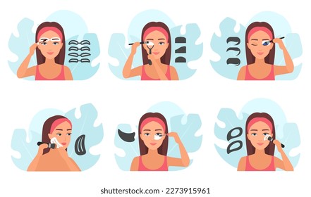 So verwenden Sie Schablone, Tutorial und Infografik Satz Vektorgrafik. Cartoon-Frau, die mit Pinsel- und Shaperwerkzeugen Schatten-, Augenbrauen- und Augenbrauen aufbringt, aus weiblichem Modell mit Vorlagen