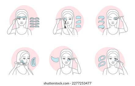 How to use makeup stencil, tutorial and infographic set vector illustration. Thin lin woman applying eyeshadow, eyebrow, eyeliner using brush and shaper tools, make up of female model with templates